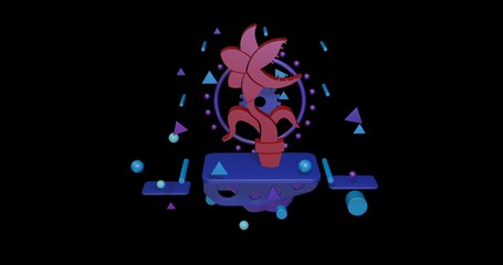 Red carnivorous plant symbol on a pedestal of abstract geometric shapes floating in the air. Abstract concept art with flying shapes in the center. 3d illustration on black background