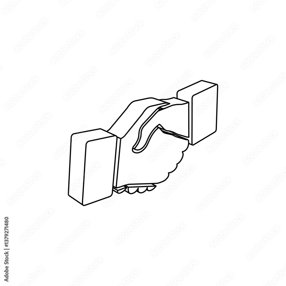 Poster the outline of a large handshake symbol is made with black lines. 3d view of the object in perspecti