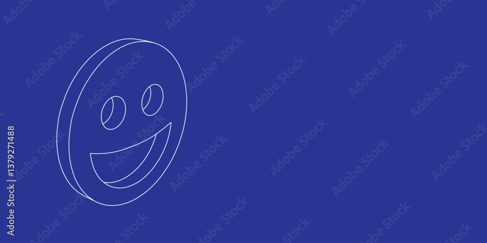 Poster the outline of a large laughter face symbol made of white lines on the left. 3d view of the object i