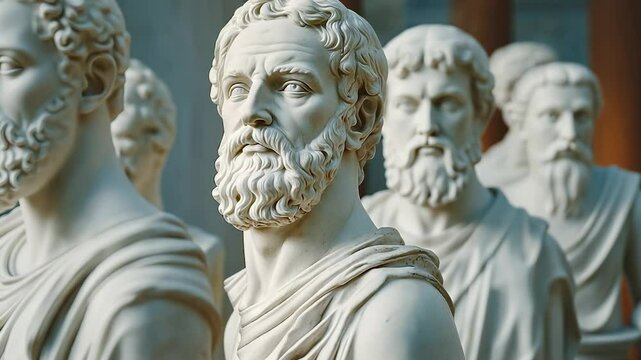 Group statues men. Sculpture of man with beard on stone. A glare of light from a piercing glare of light on a dark background. A collection of male sculptures lifestyle.