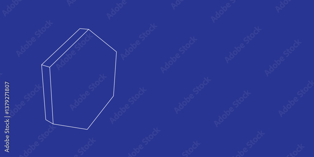 Poster the outline of a large hexagon symbol made of white lines on the left. 3d view of the object in pers