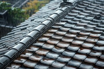 Heavy Rainfall on Cracked Rafters and Old Roof Tiles with Water Reflections and Rain Streaks