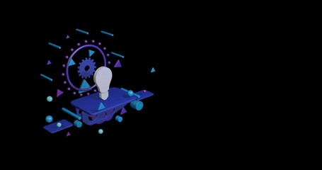 White lamp symbol on a pedestal of abstract geometric shapes floating in the air. Abstract concept art with flying shapes on the left. 3d illustration on black background