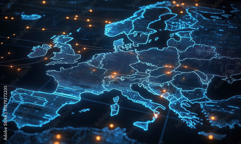 Poster futuristic cyberpunk digital map of europe with glowing data visualizations