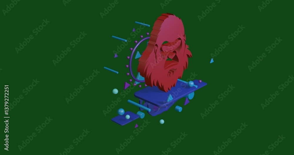 Poster red gorilla head symbol on a pedestal of abstract geometric shapes floating in the air. abstract con