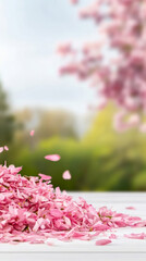 Delicate cherry blossom petals gently falling in springtime scene