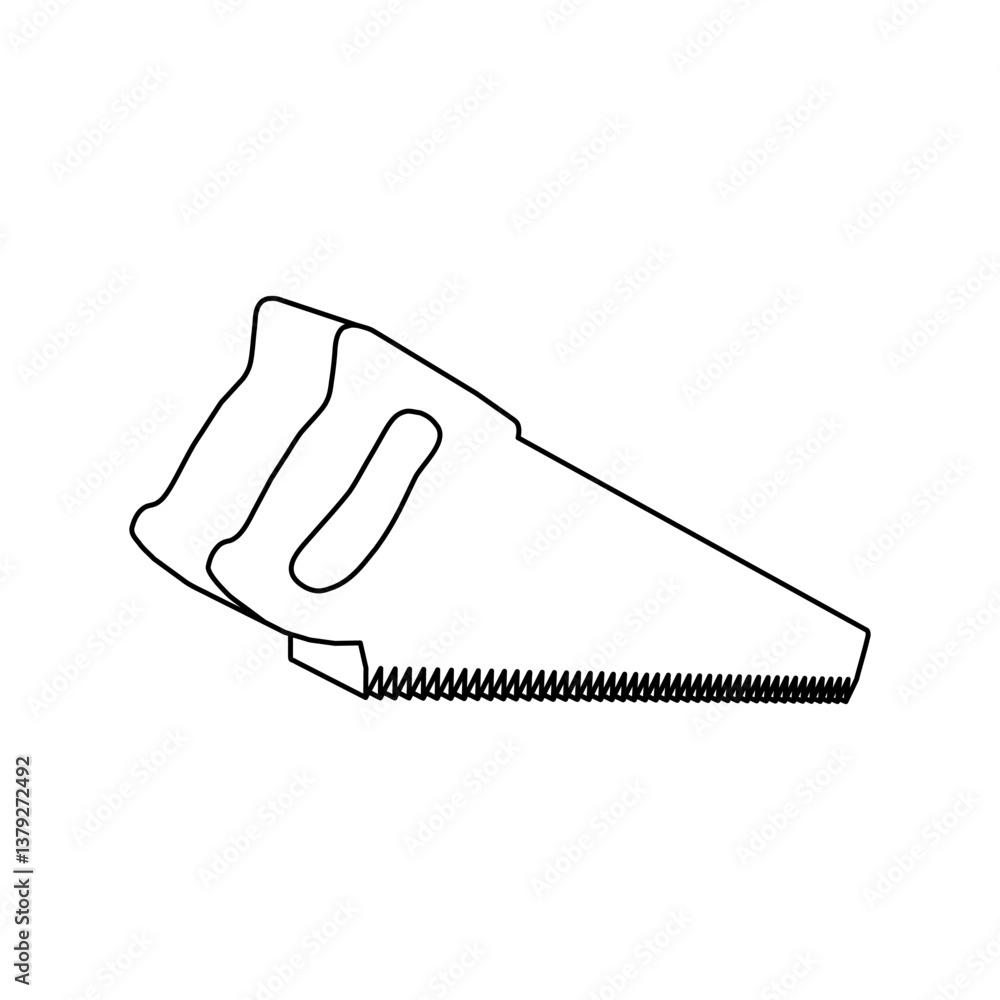 Poster the outline of a large hand saw symbol is made with black lines. 3d view of the object in perspectiv