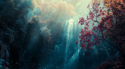 Obraz premium Sunbeams through dense forest in magical atmosphere