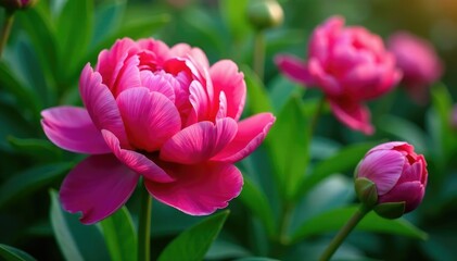 Fototapeta premium Bold peony blossoms, lush foliage, vibrant colors, beauty, blossom, floral pattern