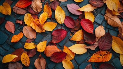 Autumn Leaves Colorful Fall Foliage Nature Photography Background  Vibrant Red Orange Yellow Brown  Season  Texture  Ground  Stone Pavement eco view  