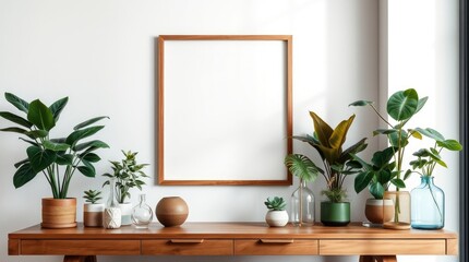 A wooden frame and indoor plants on a brown table