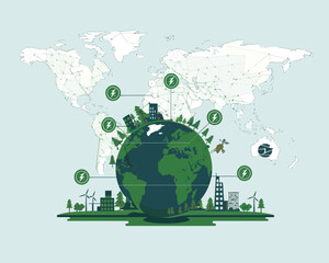 illustration poster design green Earth with trees, windmills, and a focus on sustainability and Eco-friendly travel using GPS technology. 
