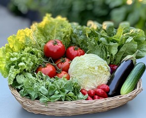 Fresh Vegetables in Wicker Basket with Tomatoes Lettuce and Eggplant