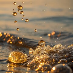 Golden glitter, water, bubbles and water