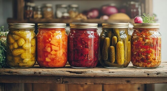 Pickled Vegetables in Glass Jars Rustic Still Life Autumn Kitchen Vintage