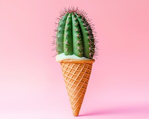 ice cream cone with a cactus instead of scoop, desert summer surreal mashup