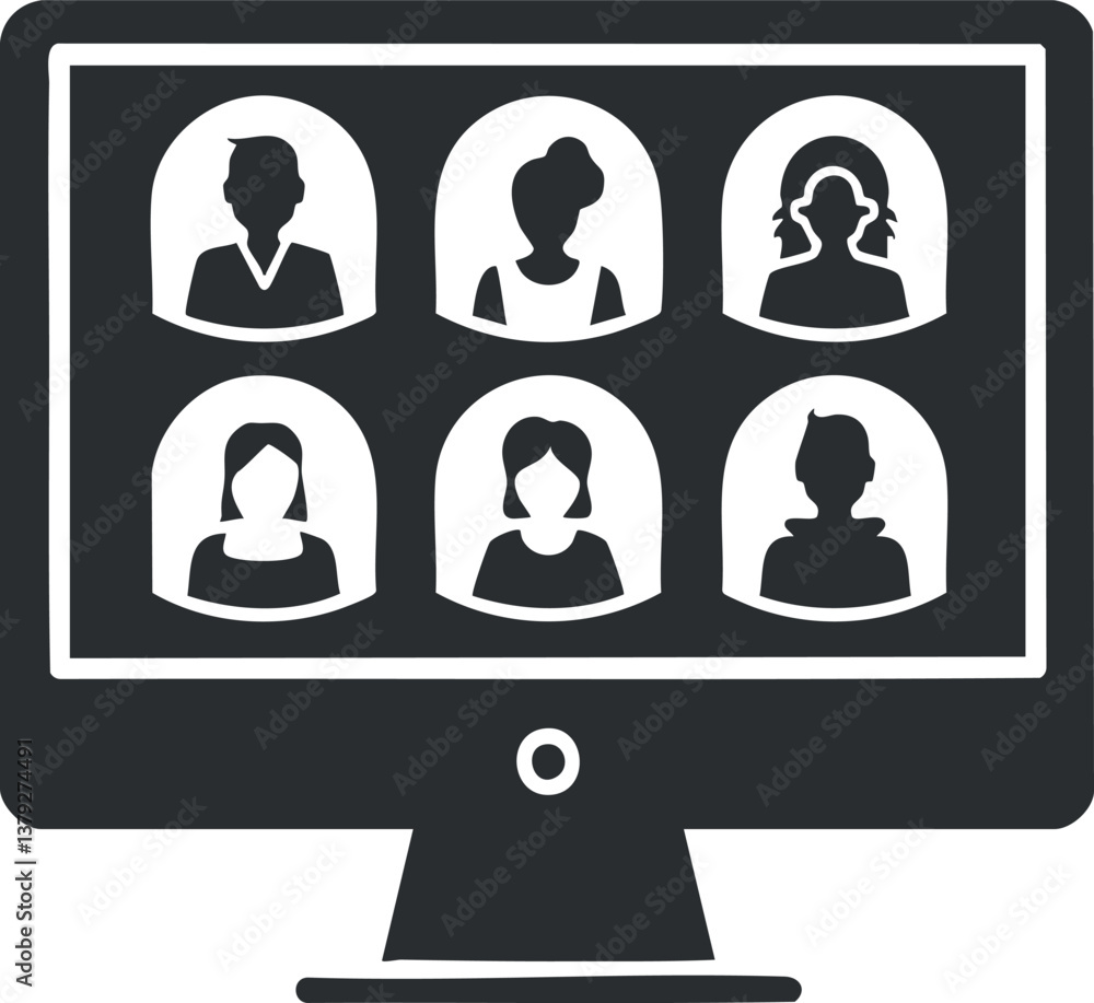Aufkleber silhouette illustration of a virtual meeting on a computer screen with multiple participant avatars.