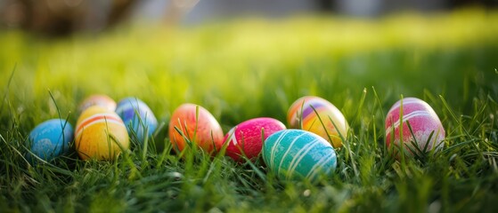 Fototapeta premium Colorful Easter eggs scattered on green grass
