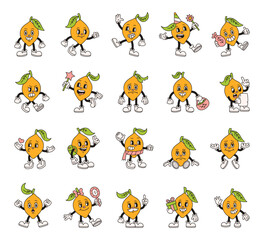 Groovy retro lemon fruit character doing fun cartoon vintage comic activities for print sticker design decoration humor joy