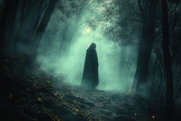 mysterious ghost in eerie dark forest fog mist silhouette