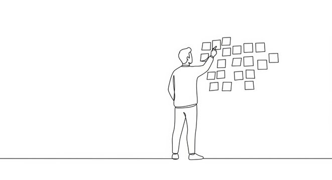 Single line drawing of person brainstorming with sticky notes for creative idea