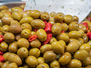Vibrant Green Olives with Spicy Red Peppers Dish