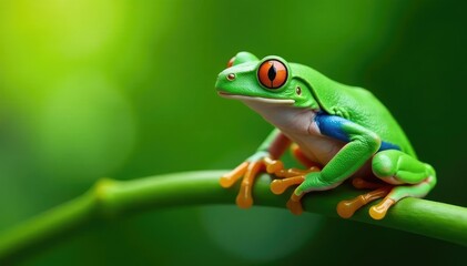 Green tree frog perched on white, vibrant skin, studio shot, green frog, isolated