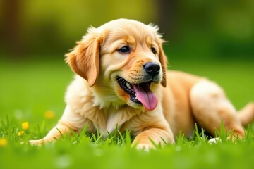 Golden retriever puppy sprawls playfully, tongue out , fur, playful, animal
