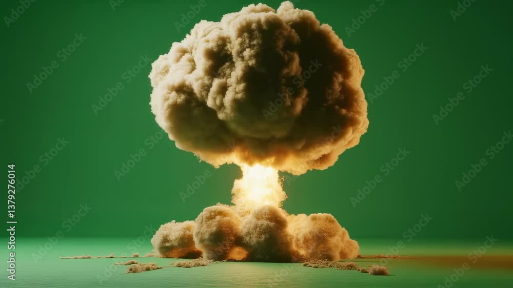 Poster nuclear mushroom cloud rising from massive explosion, demonstrating destructive power against green 