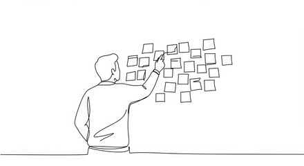 Continuous line illustration of a brainstorming session with sticky notes on a wall