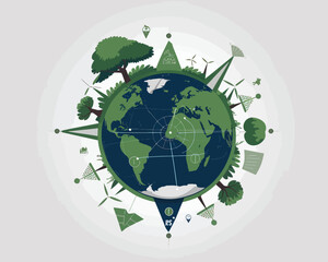 Obraz premium illustration poster design green Earth with trees, windmills, and a focus on sustainability and Eco-friendly travel using GPS technology. 