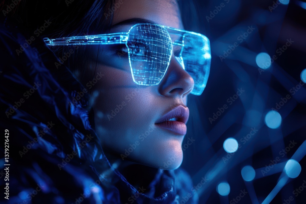 Poster a cyberpunk anime hacker girl depicted in a glowing wireframe style. character wearing futuristic ou