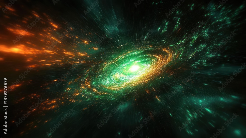 Poster cosmic green energy burst with dynamic light effects and abstract motion in dark space