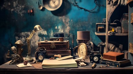 Fototapeta premium Vintage photography setup with camera and books