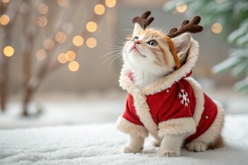 Kitten in a reindeer costume with antlers, Christmas kitten, cute and playful - generated by ai