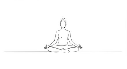 Elegant Minimalist Line Drawing of Woman Meditating in Lotus Position on White