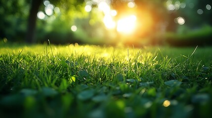 Naklejka premium Vibrant Green Grass Meadow Sunset Nature Background Lush Summer Sunlight Golden Hour Peaceful Serene Tranquil Idyllic Pastoral Landscape Scenery Beautiful View Fresh Green Plants Outdoors Bright 