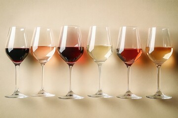 Elegant wine glasses with red white and rosé wine arranged on textured beige background top view modern still life photography