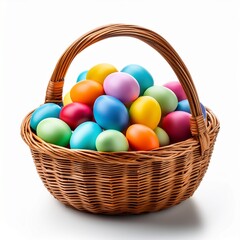 Naklejka premium Isolated wicker basket filled with colorful dyed Easter eggs