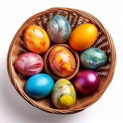 Fototapeta premium Isolated wicker basket filled with colorful dyed Easter eggs