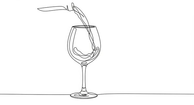Minimalist line art illustration of wine being poured into a glass with elegance