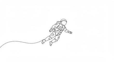 Single line art: An astronaut floats weightlessly in minimalist outer space design