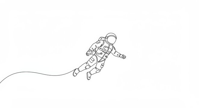 Single line art: An astronaut floats weightlessly in minimalist outer space design