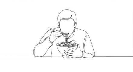 Minimalist depiction of a person savoring noodles in a single continuous line