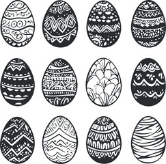 Fototapeta premium Monochrome illustration of twelve intricately decorated Easter eggs with diverse patterns.