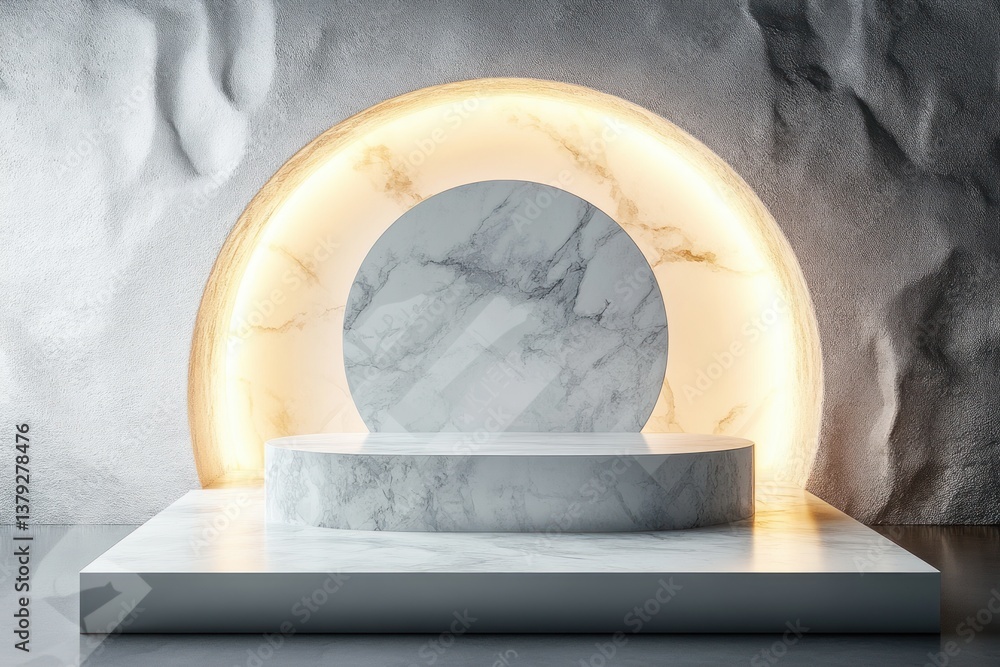 Poster minimalistic futuristic display stand with marble texture and soft ambient lighting in modern art st