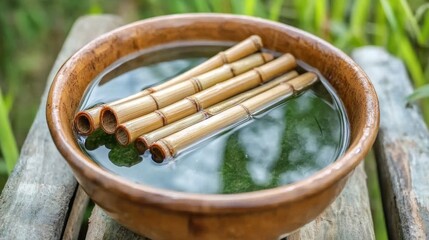 A bowl of water with bamboo strips soaking for flexibility before crafting