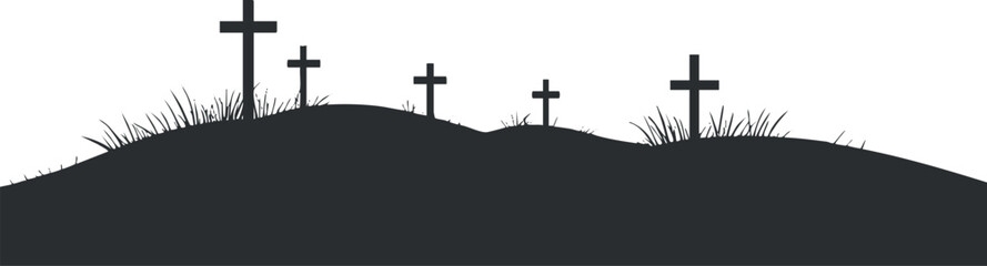 Silhouette of a graveyard with crosses on a hill against a stark white background.