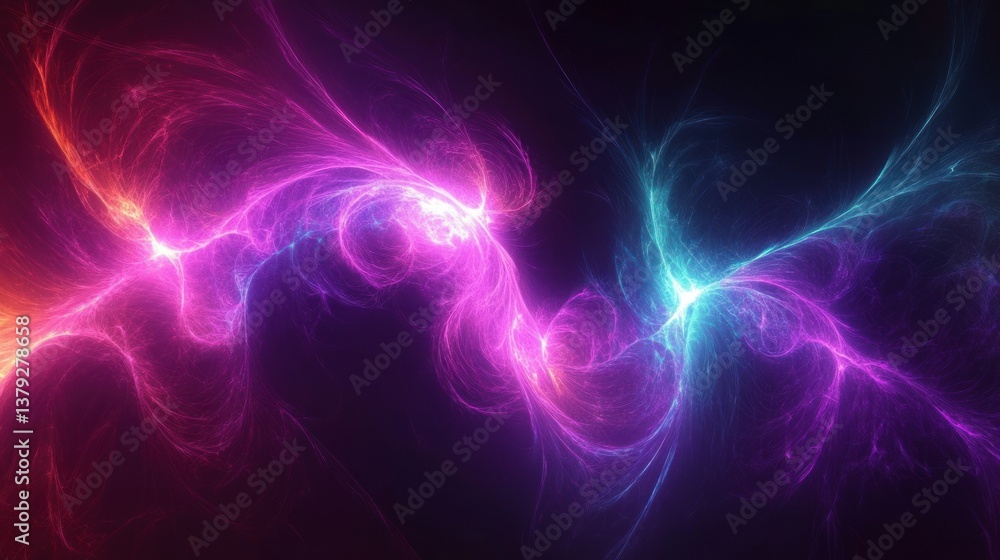 Poster abstract neon fractal light patterns in purple and cyan with ethereal glow and symmetrical compositi
