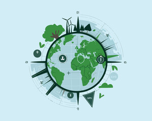 Obraz premium illustration poster design green Earth with trees, windmills, and a focus on sustainability and Eco-friendly travel using GPS technology. 